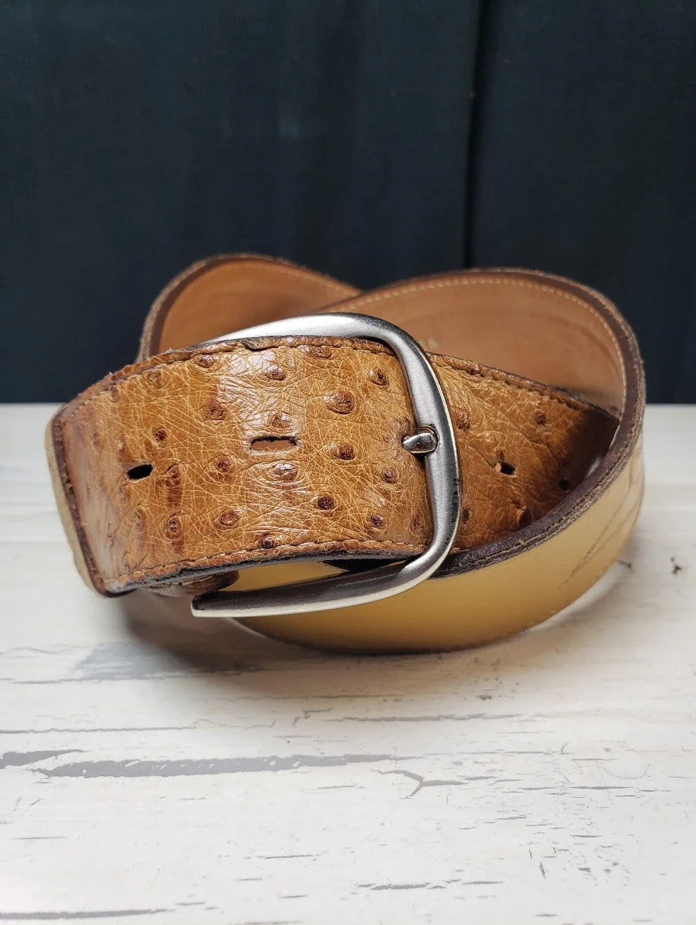 Justin Ostrich & Calfskin Leather Belt in Mustard Tan - Men's or Women's size 36
